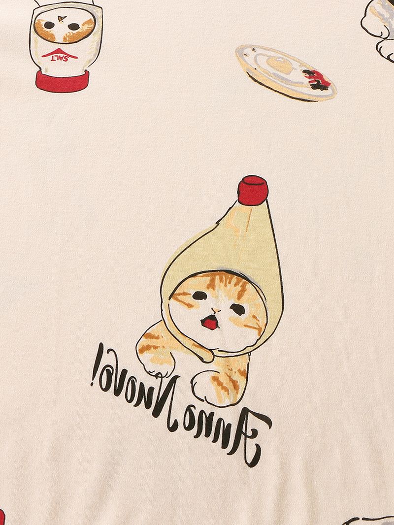 Dames Leuke Cartoon Katten Print O-hals Katoen Lange Mouw Losse Thuis Pyjama Sets