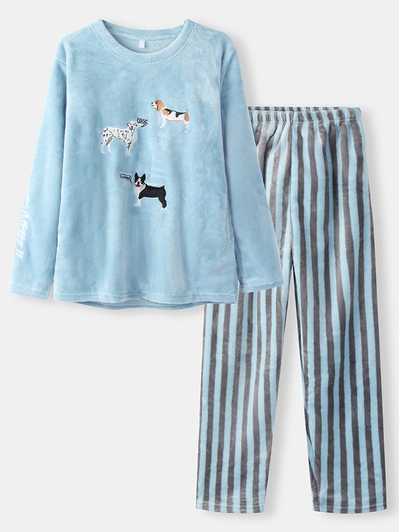 Dames Leuke Honden Borduurwerk Flanel Dikke Gestreepte Broek O-hals Warme Pyjama Sets