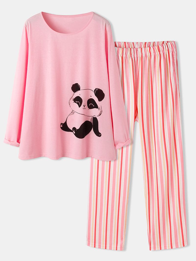 Dames Leuke Panda Print O-hals Gestreepte Broek Tweedelige Plus Size Lounge Thuis Pyjama Sets