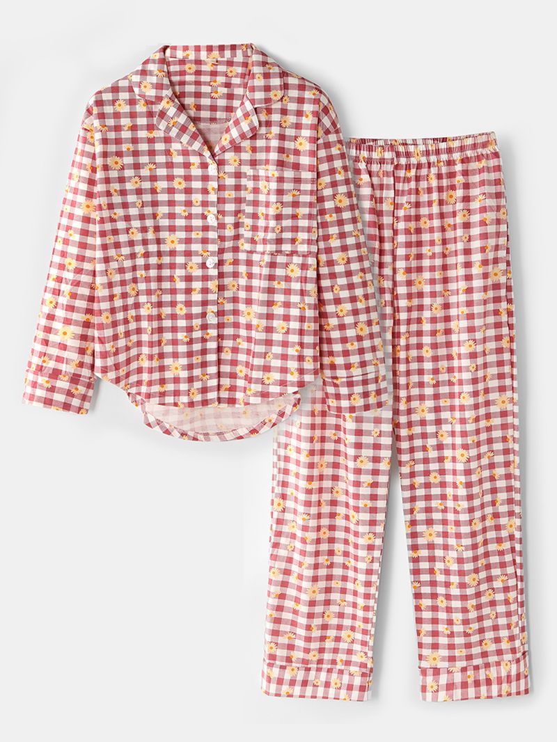 Dames Plaid Bloemenprint Revere Kraag Shirt Elastische Taille Losse Zakbroek Pyjama Set