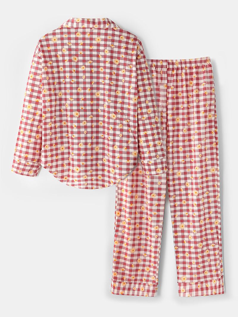 Dames Plaid Bloemenprint Revere Kraag Shirt Elastische Taille Losse Zakbroek Pyjama Set