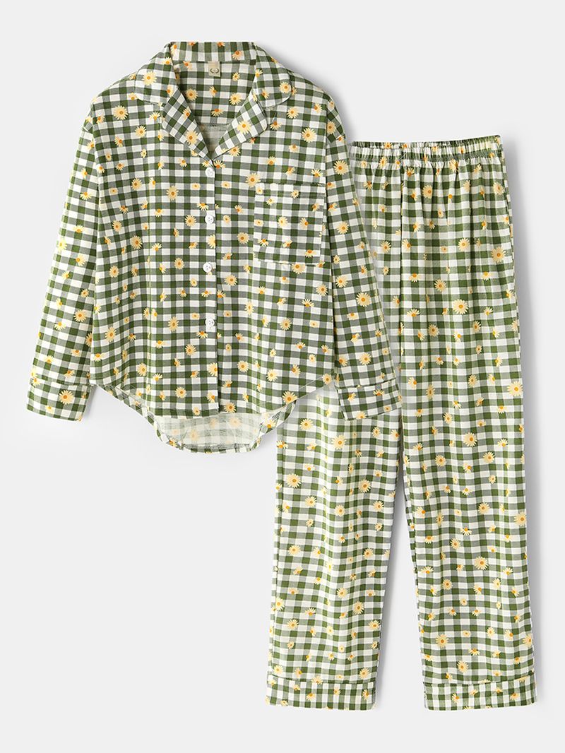 Dames Plaid Bloemenprint Revere Kraag Shirt Elastische Taille Losse Zakbroek Pyjama Set