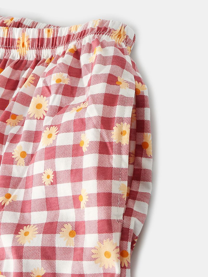 Dames Plaid Bloemenprint Revere Kraag Shirt Elastische Taille Losse Zakbroek Pyjama Set