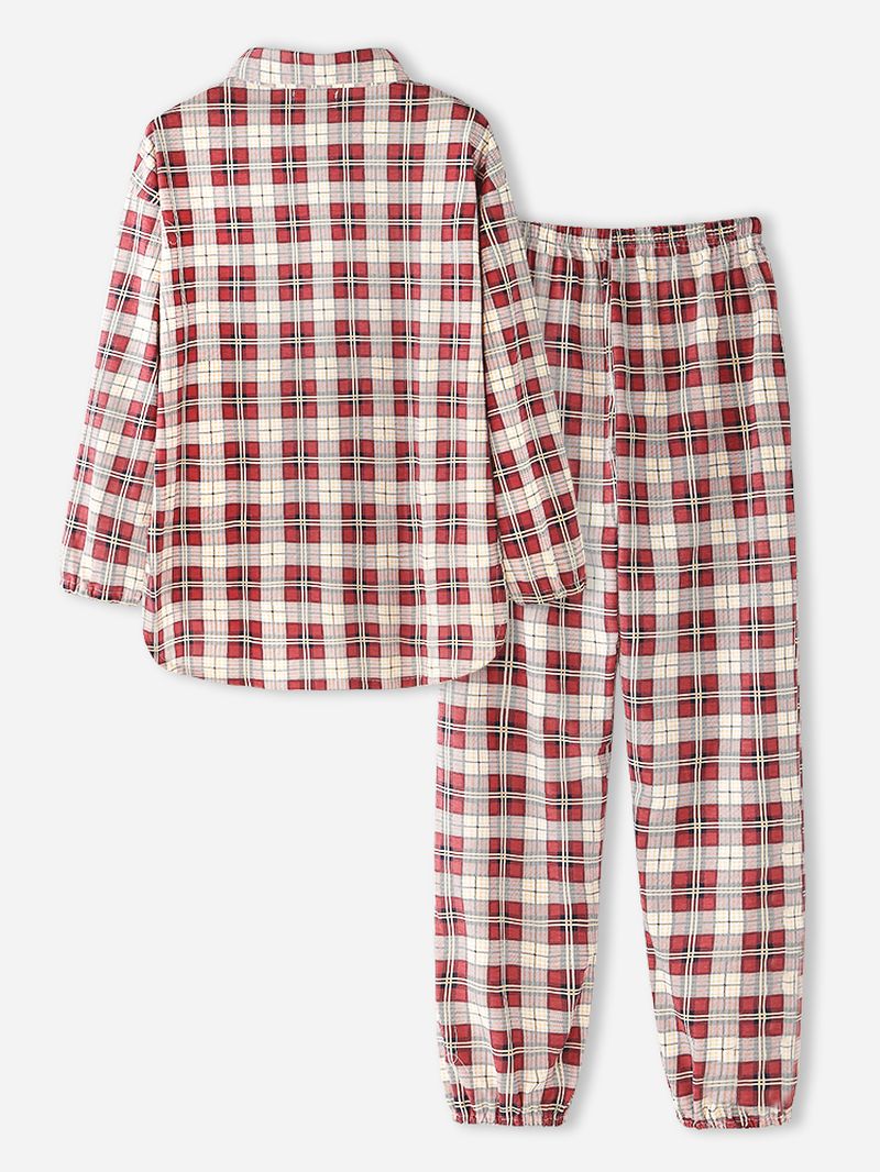 Dames Plaid Print Revers Hoog-lage Zoom Shirt Elastische Taille Broek Thuis Pyjama Set