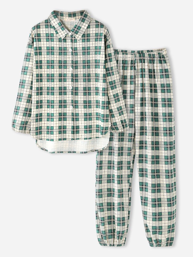 Dames Plaid Print Revers Hoog-lage Zoom Shirt Elastische Taille Broek Thuis Pyjama Set