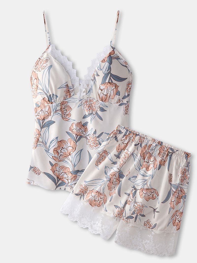 Dames Pyjamaset Met Bloemenprint En Kanten Rand Home Smooth Vest