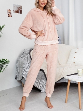 Dames Soft Effen Kleur Hoodie Pocket Elastische Taille Jogger Broek Thuis Pluche Pyjama Set