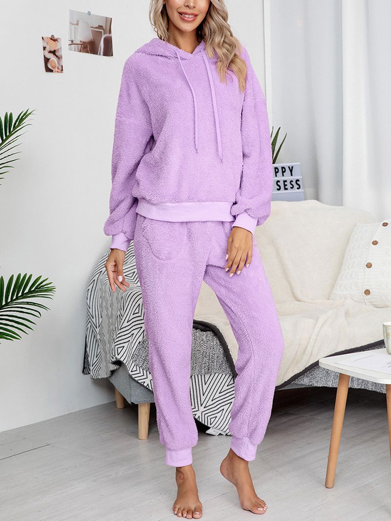 Dames Soft Effen Kleur Hoodie Pocket Elastische Taille Jogger Broek Thuis Pluche Pyjama Set
