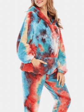 Dames Tie Dye Fleece Kangaroo Pocket Hoodie Broek Thuis Sleepweat Casual Pyjama Set