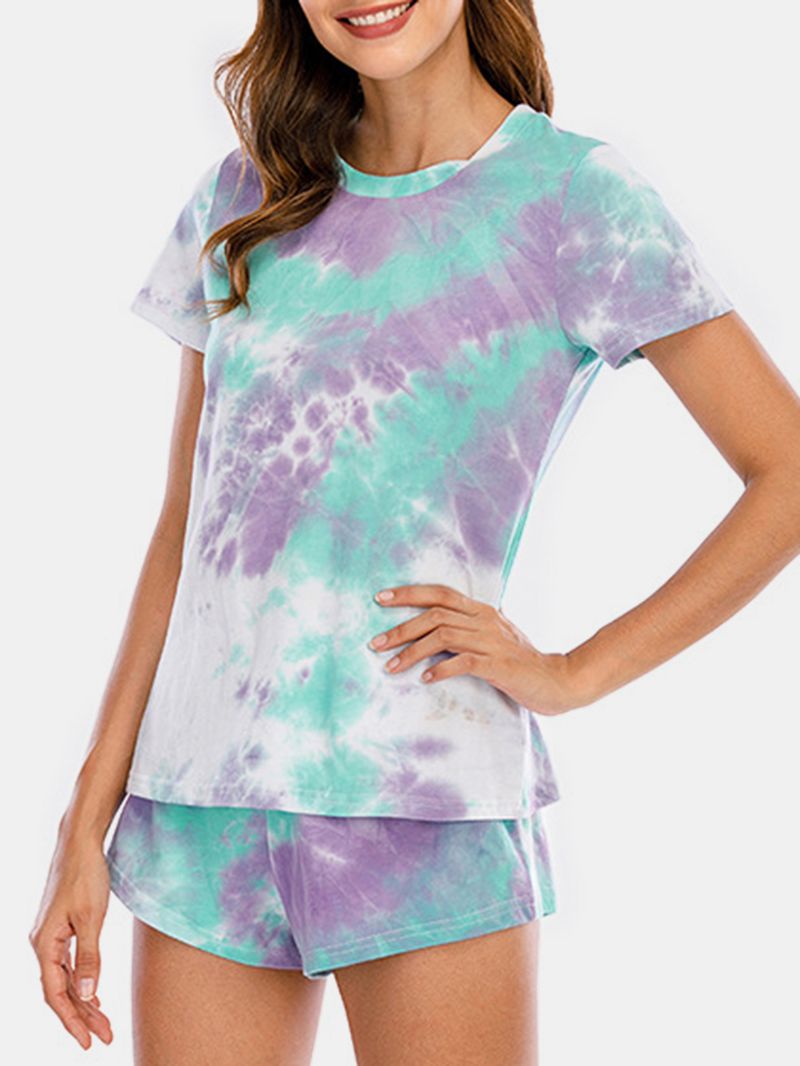 Dames Tie Dye Pyjama Set Twee Stukken Korte Mouw O-hals Softies Zomer Nachtkleding