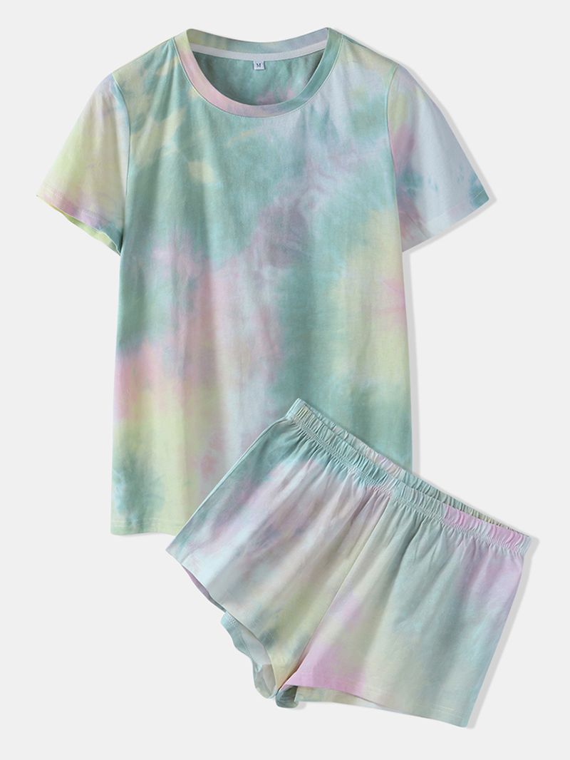 Dames Tie Dye Pyjama Set Twee Stukken Korte Mouw O-hals Softies Zomer Nachtkleding