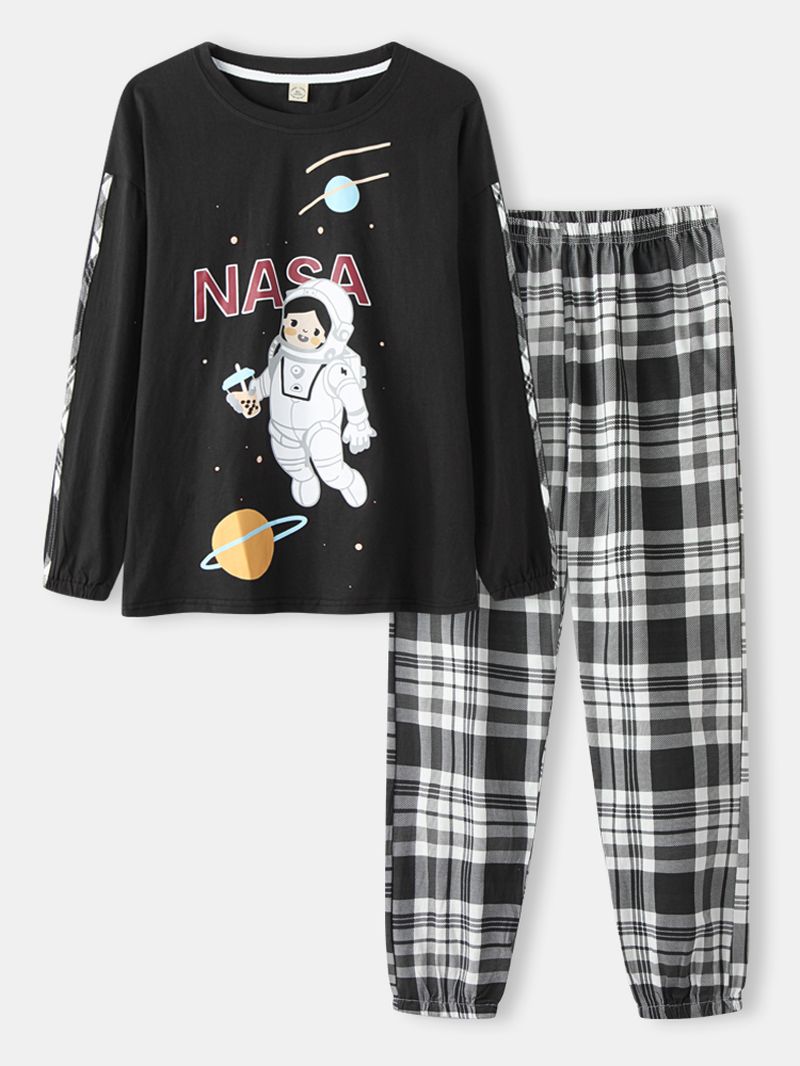 Damesmeisje Astronaut Print Ronde Hals Katoenen Manchetten Pyjama Sets Met Geruite Broek