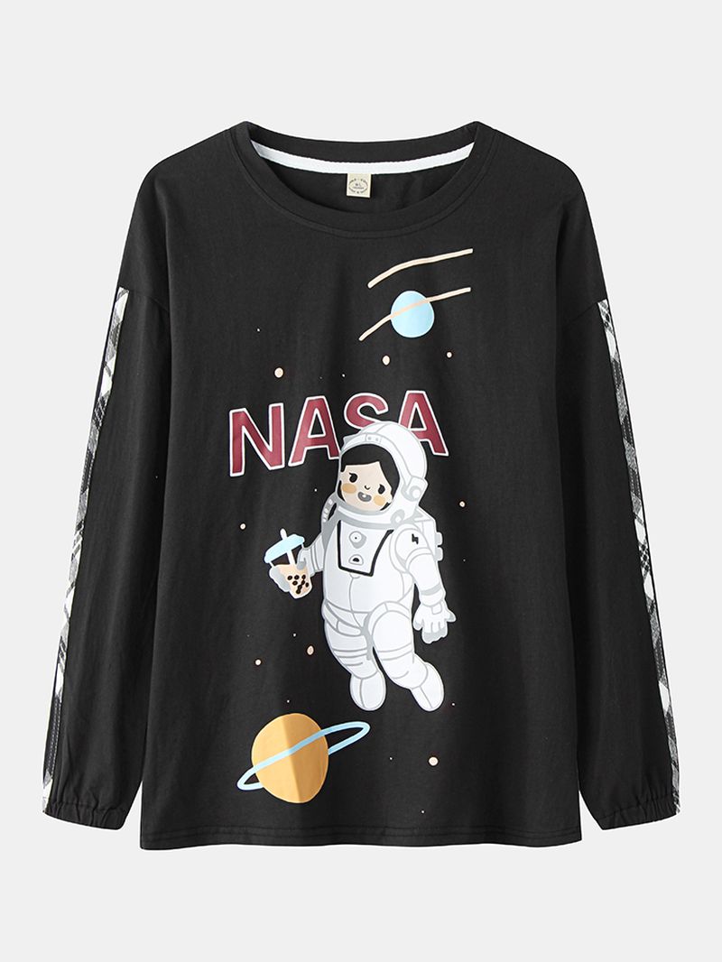 Damesmeisje Astronaut Print Ronde Hals Katoenen Manchetten Pyjama Sets Met Geruite Broek