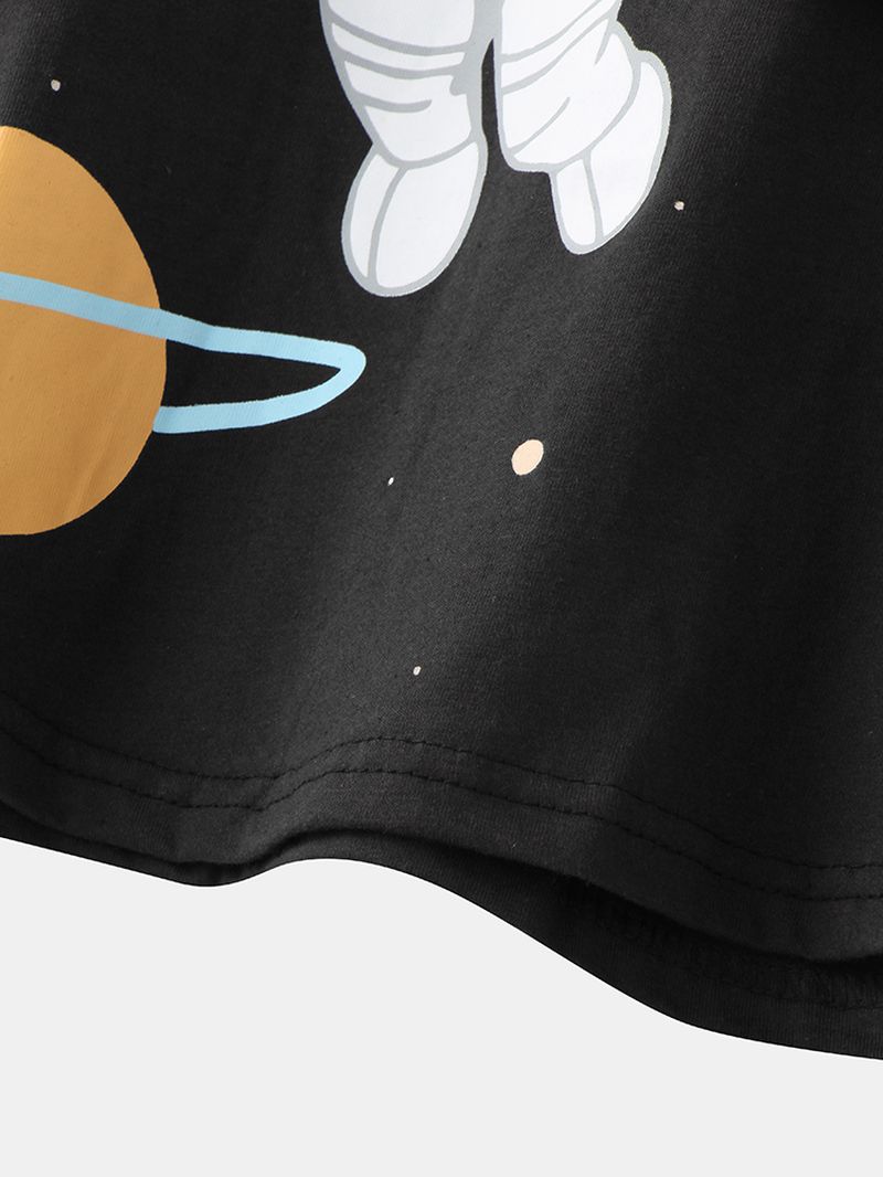 Damesmeisje Astronaut Print Ronde Hals Katoenen Manchetten Pyjama Sets Met Geruite Broek