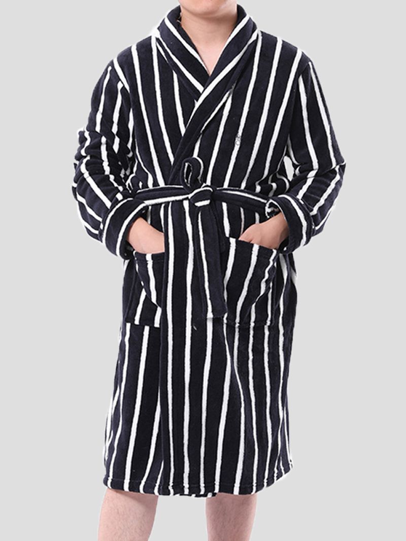 Heren Basic Gestreepte Print Flanel Winter Dikke Halflange Home Lounge Robes