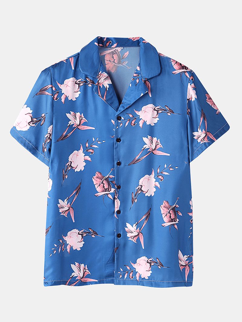 Heren Bloemenprint Revere Kraag Korte Mouw Thuis Ademende Pyjama Set Nachtkleding