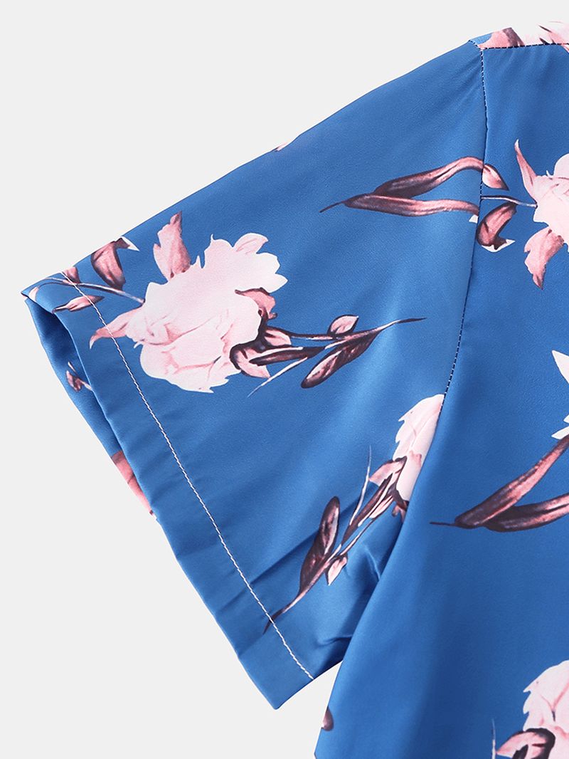 Heren Bloemenprint Revere Kraag Korte Mouw Thuis Ademende Pyjama Set Nachtkleding