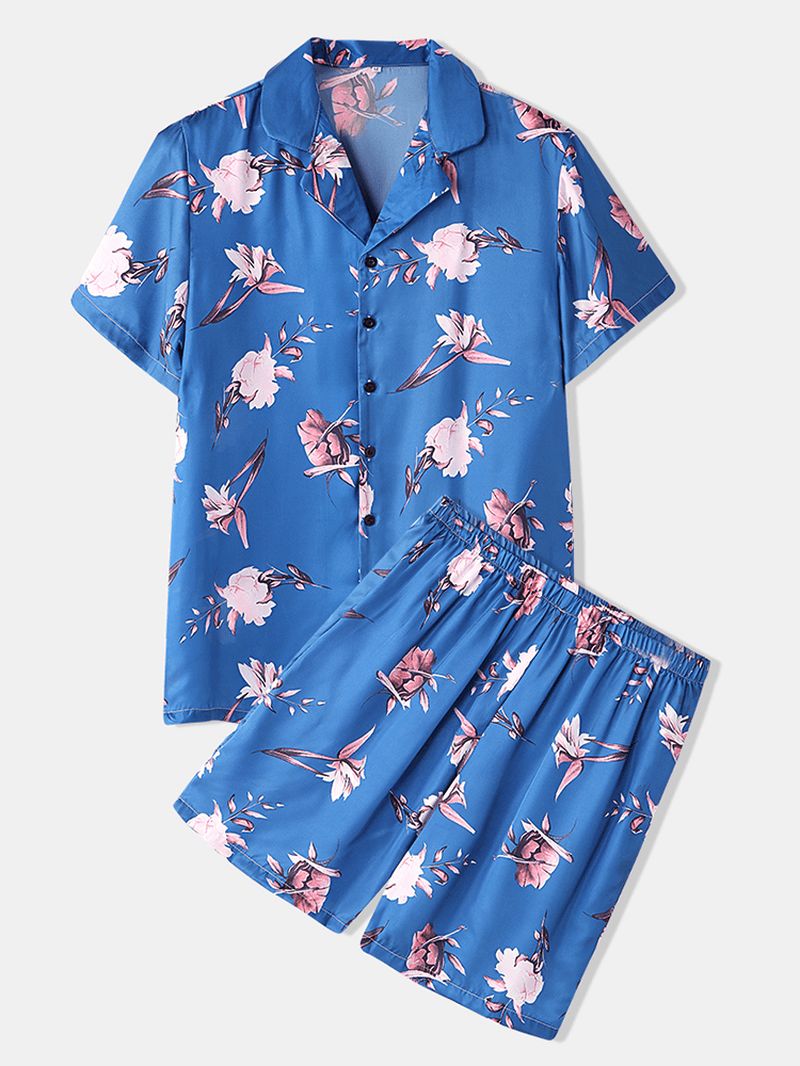 Heren Bloemenprint Revere Kraag Korte Mouw Thuis Ademende Pyjama Set Nachtkleding