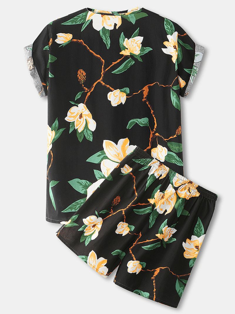 Heren Bloemenprint V-hals Losse Katoenen Korte Loungewear Met Zak