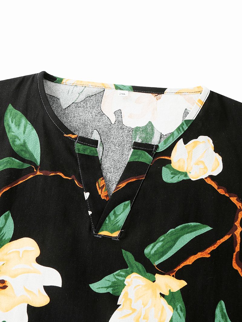 Heren Bloemenprint V-hals Losse Katoenen Korte Loungewear Met Zak