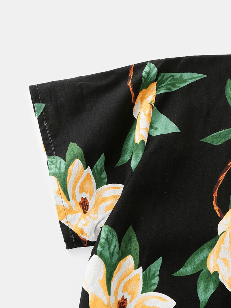 Heren Bloemenprint V-hals Losse Katoenen Korte Loungewear Met Zak