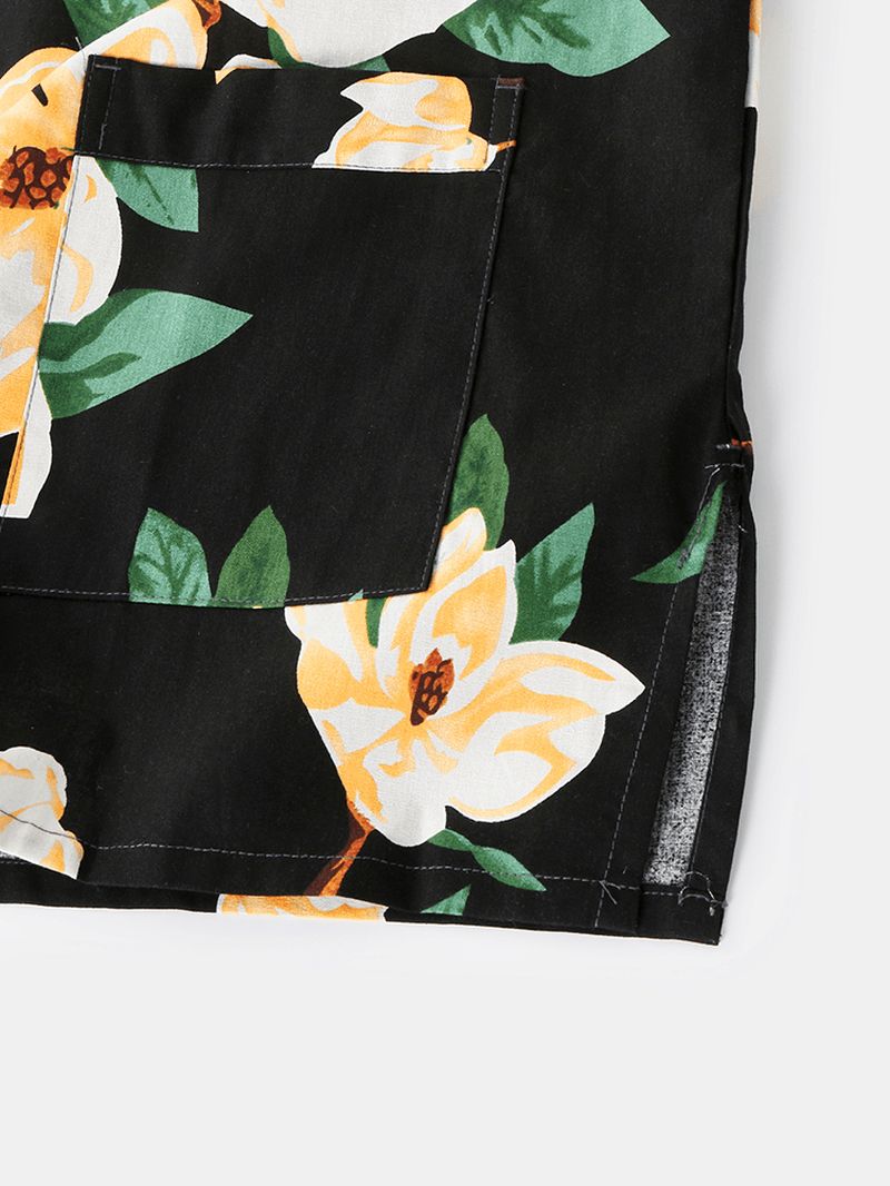 Heren Bloemenprint V-hals Losse Katoenen Korte Loungewear Met Zak