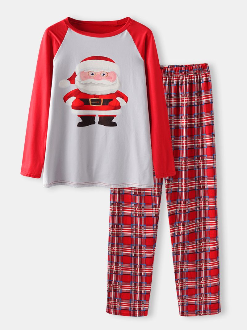 Heren Cartoon Kerstman Print Raglanmouwen Losse Plaid Broek Home Lounge Pyjama Set