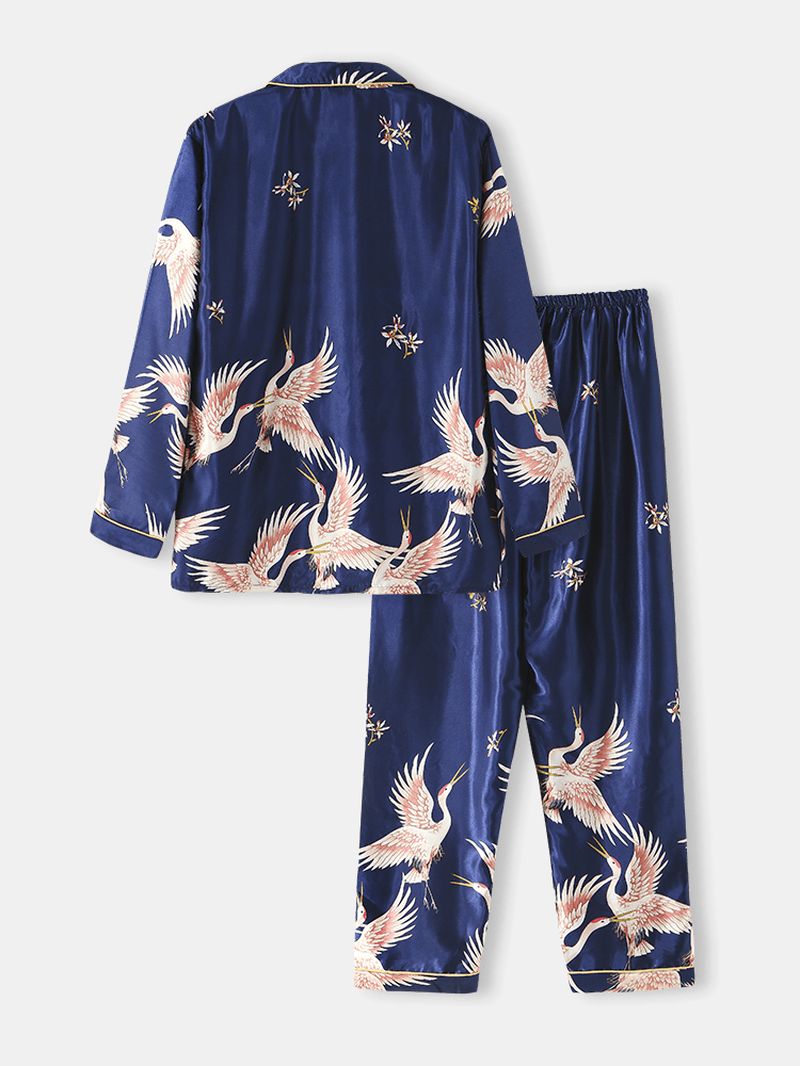 Heren Crane Print Faux Silk Home Revere Collar Losse Lounge Pyjama Set Met Lange Mouwen