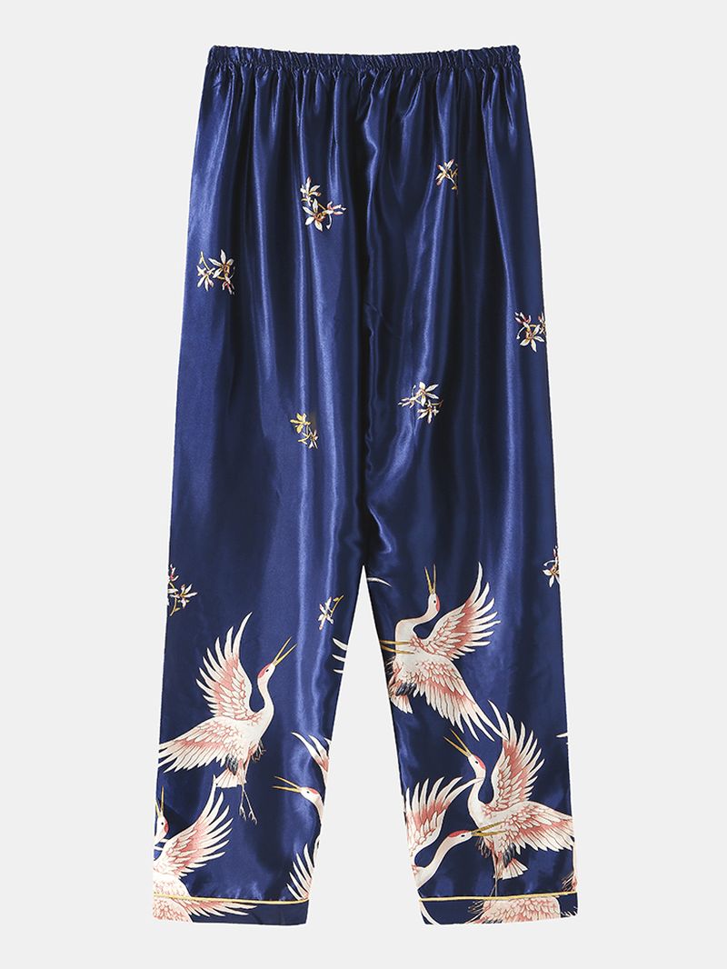 Heren Crane Print Faux Silk Home Revere Collar Losse Lounge Pyjama Set Met Lange Mouwen