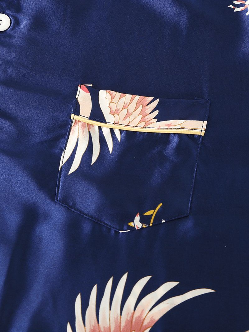 Heren Crane Print Faux Silk Home Revere Collar Losse Lounge Pyjama Set Met Lange Mouwen