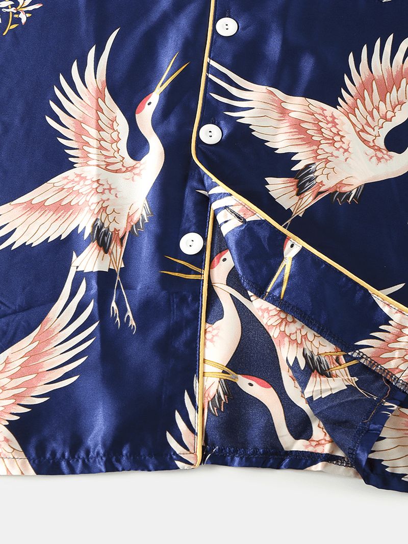 Heren Crane Print Faux Silk Home Revere Collar Losse Lounge Pyjama Set Met Lange Mouwen