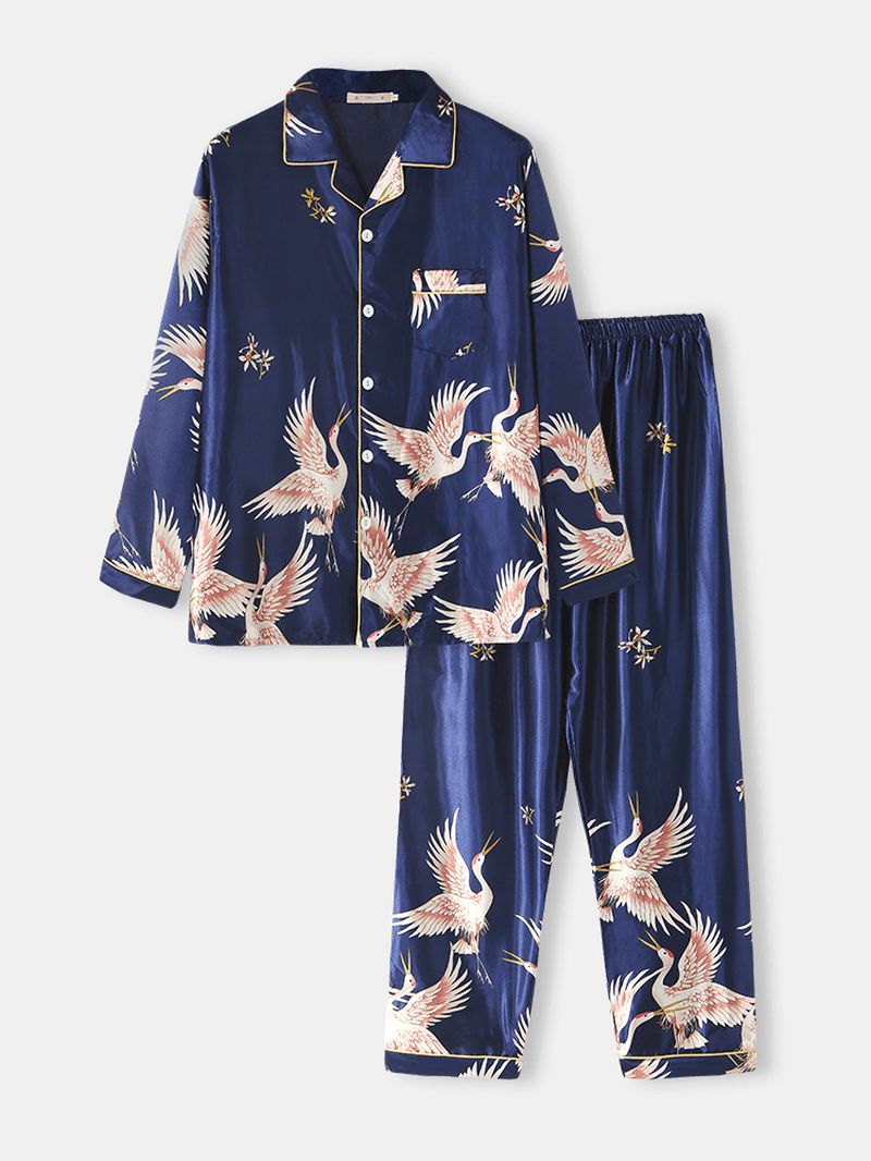 Heren Crane Print Faux Silk Home Revere Collar Losse Lounge Pyjama Set Met Lange Mouwen