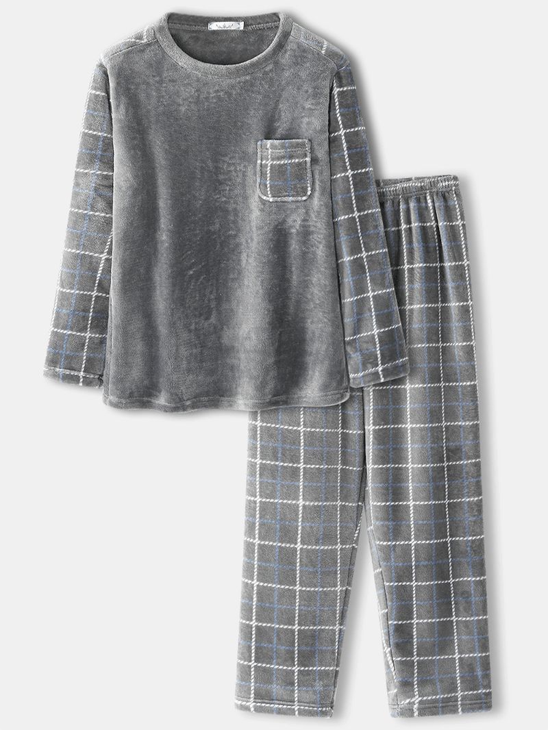 Heren Flanel Plaid Patchwork Pullover Warm Dikker Losse Broek Thuis Pyjama Set