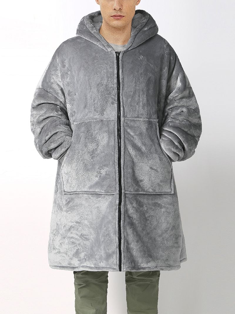 Heren Flanel Warme Zachte Effen Kleur Rits Kangoeroezak Deken Hoodie Oversized Huisgewaden