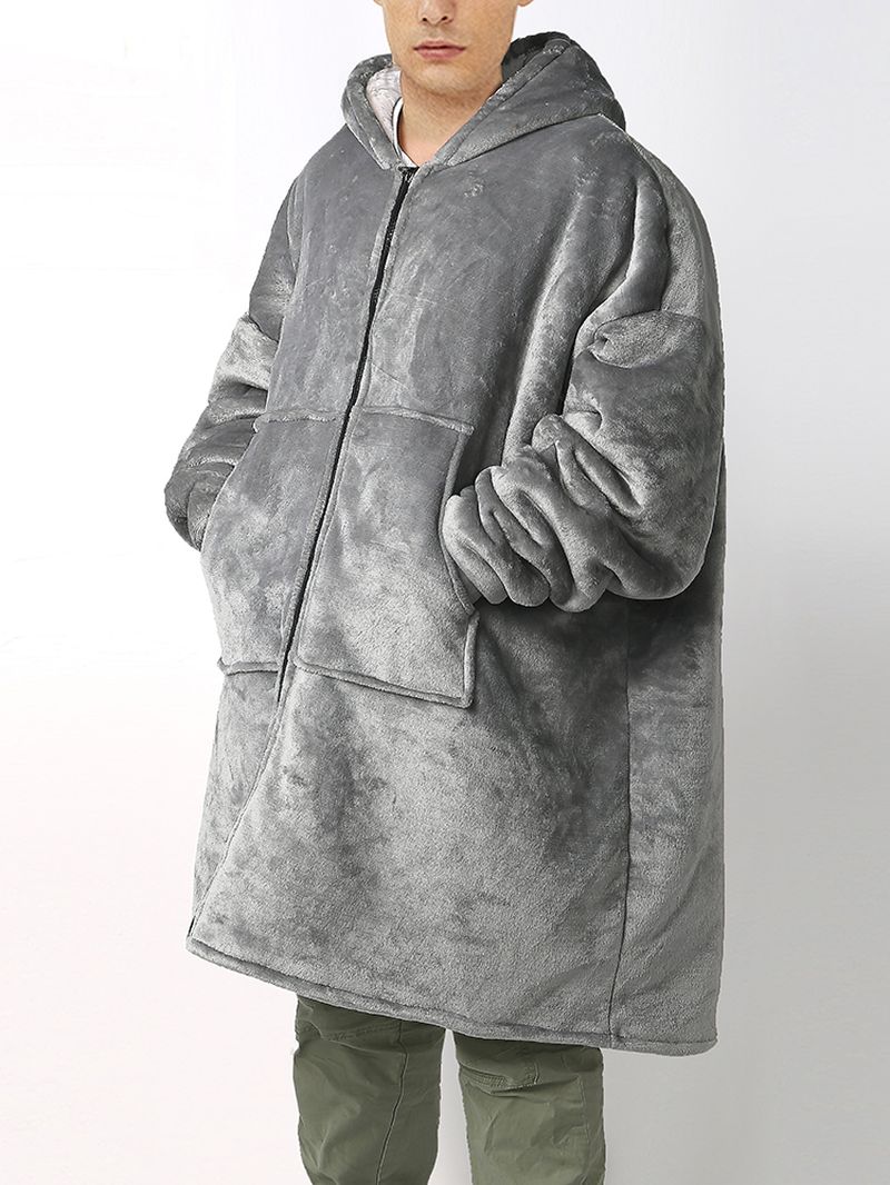 Heren Flanel Warme Zachte Effen Kleur Rits Kangoeroezak Deken Hoodie Oversized Huisgewaden