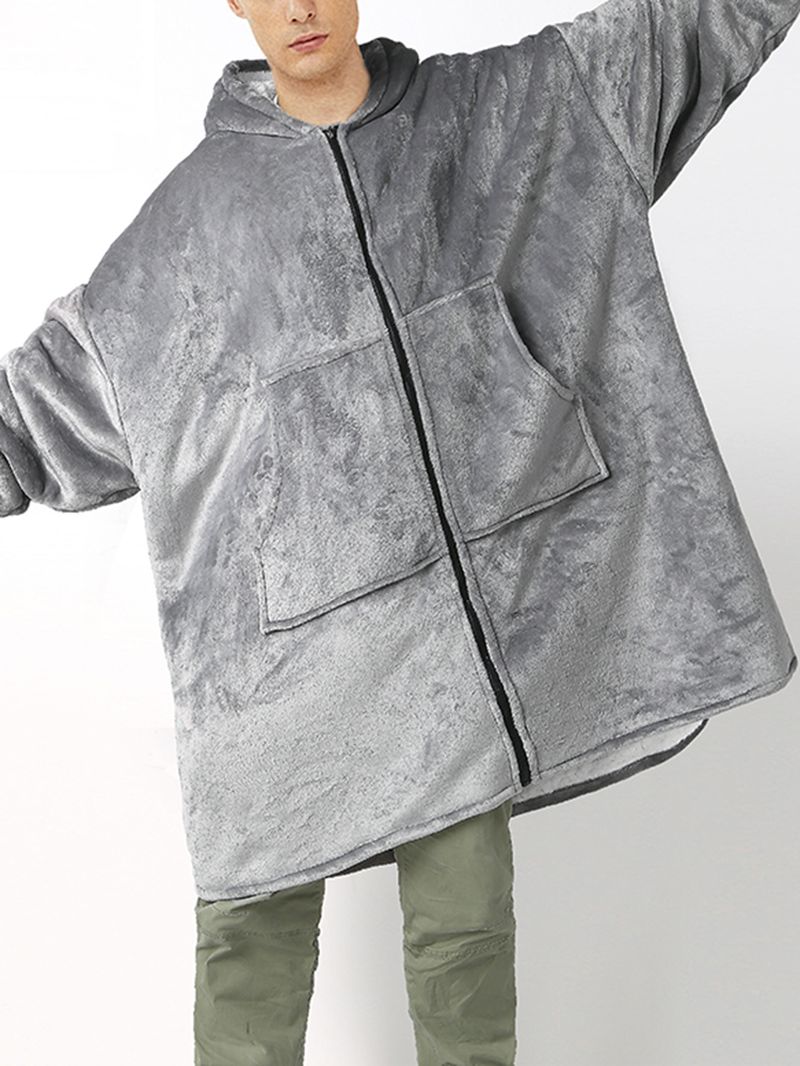 Heren Flanel Warme Zachte Effen Kleur Rits Kangoeroezak Deken Hoodie Oversized Huisgewaden