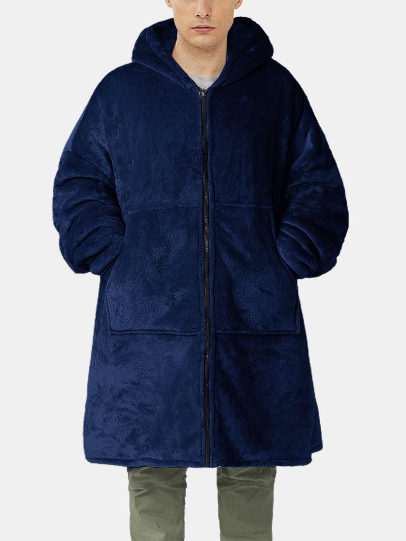 Heren Flanel Warme Zachte Effen Kleur Rits Kangoeroezak Deken Hoodie Oversized Huisgewaden