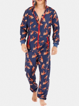 Heren Grappige Wolf Print Jumpsuit Loungewear Royal Blue Hooded Onesies Met Zakken