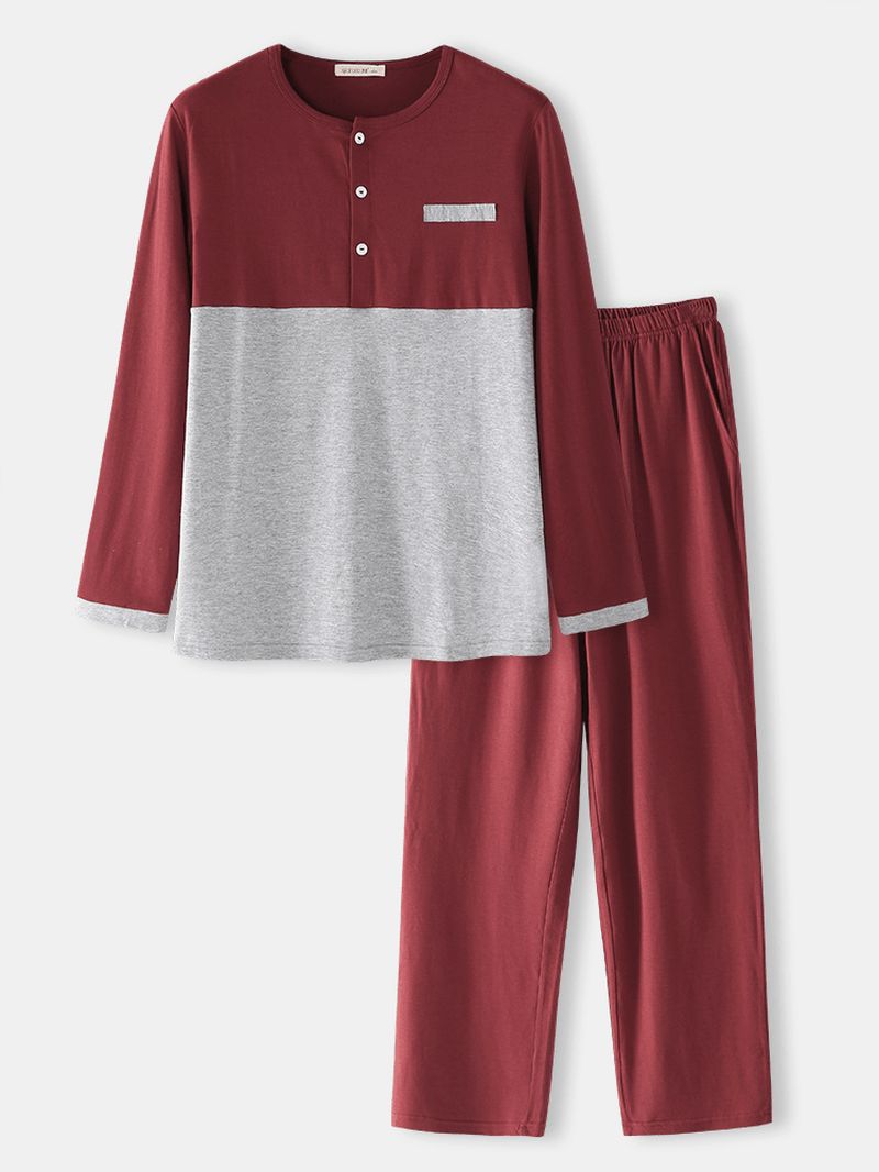 Heren Katoenen Colorblock Halve Knoop Losse Thuis Casual Warme Pyjama Met Lange Mouwen