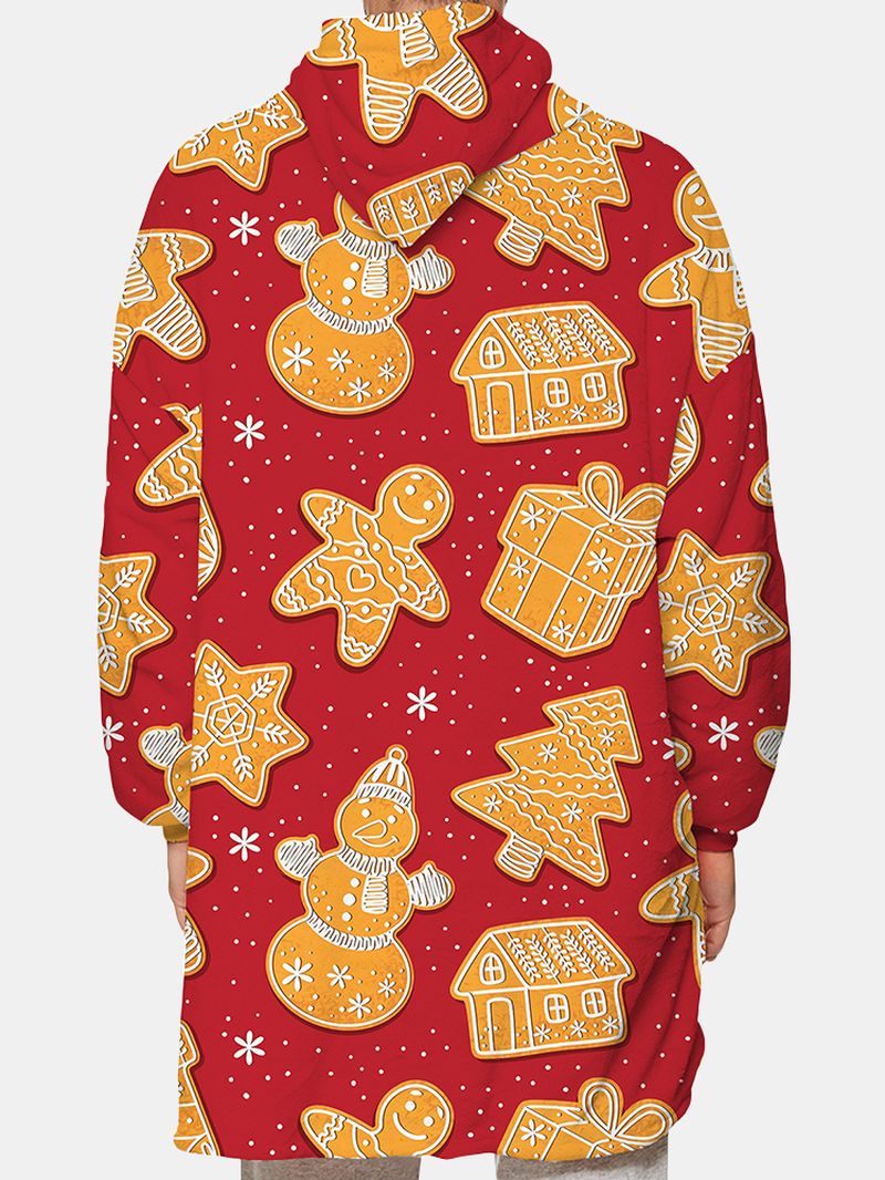 Heren Kerst Peperkoek Print Omkeerbare Fleece Gevoerde Deken Hoodie Warme Loungewear Met Zak