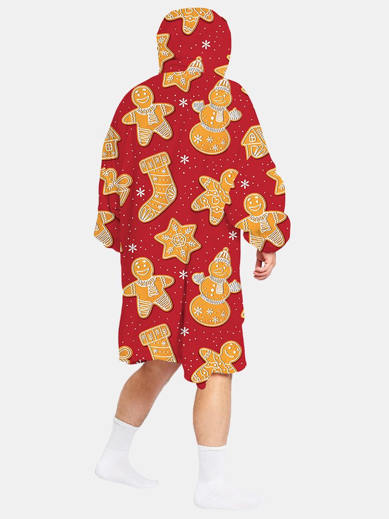 Heren Kerst Peperkoek Print Omkeerbare Fleece Gevoerde Deken Hoodie Warme Loungewear Met Zak