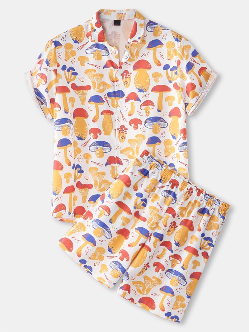 Heren Kleurrijke Paddestoel Print Dunne Losse Vakantie Strand Loungewear Korte Mouw Pyjama Sets