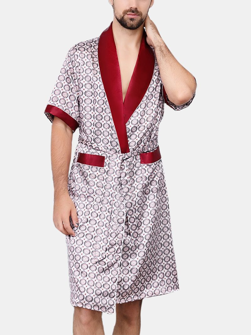 Heren Luxe Patroon Print Pocket Robe Shorts Thuis Casual Tweedelig Faux Zijden Pyjama Set