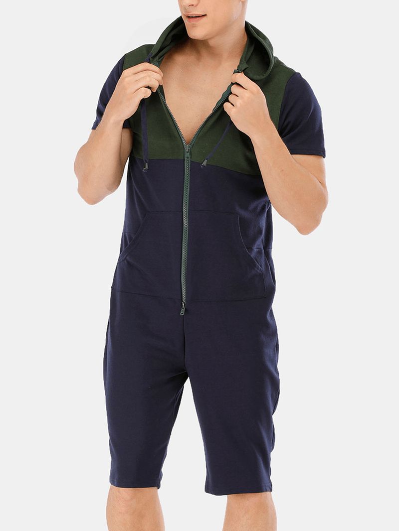 Heren Nieuwe Mode Casual Patchwork Jumpsuit Met Korte Mouwen En Nachtkleding