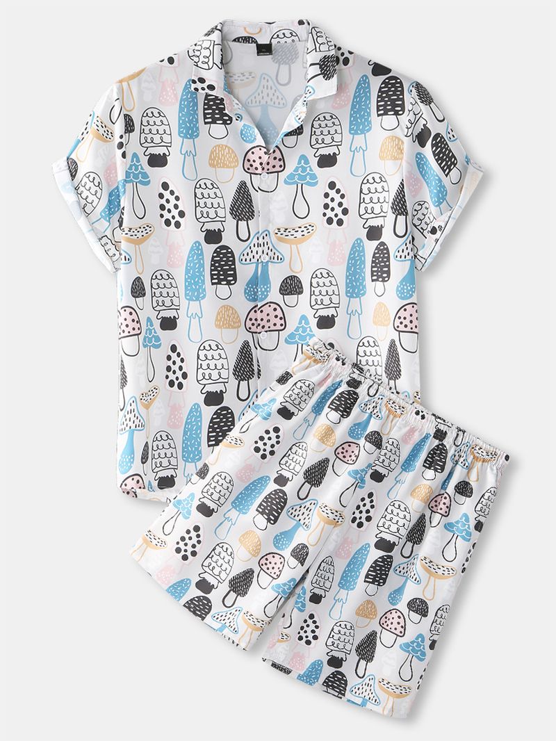 Heren Paddestoel Print Dunne Revers Korte Mouw Losse Vakantie Strand Loungewear Pyjama Sets