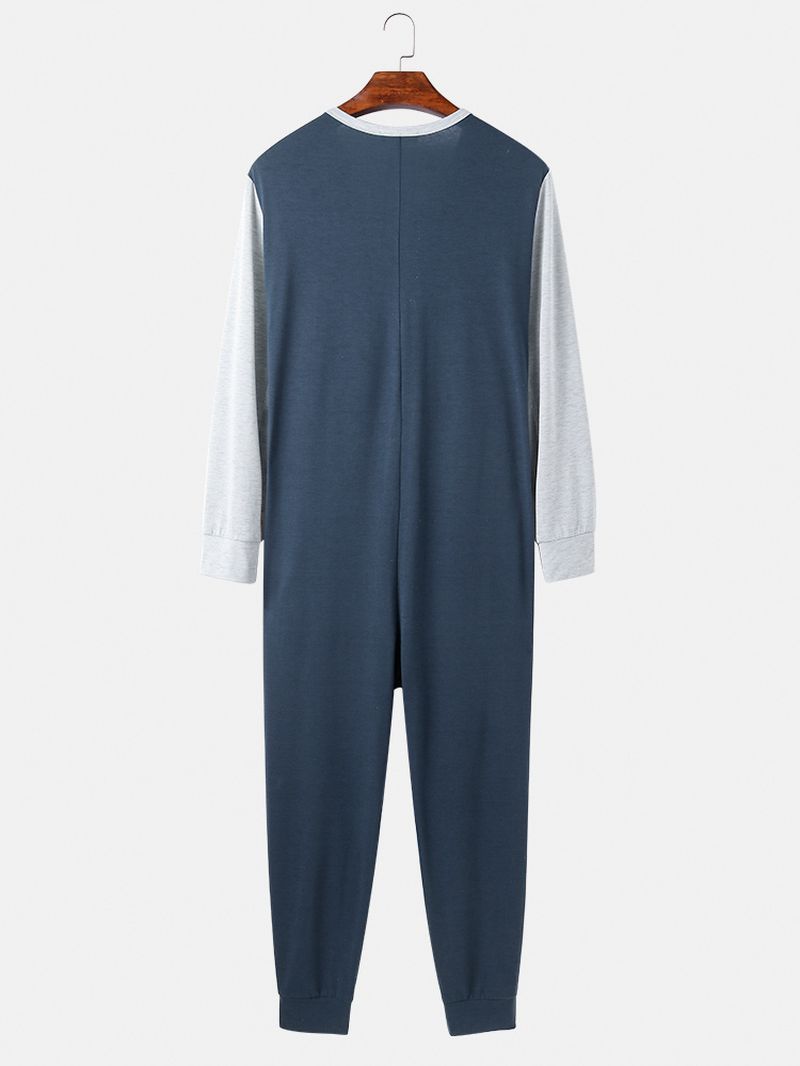 Heren Patchwork Colorblock Ronde Hals Button-up Lange Mouw Thuis Jumpsuit Pyjama