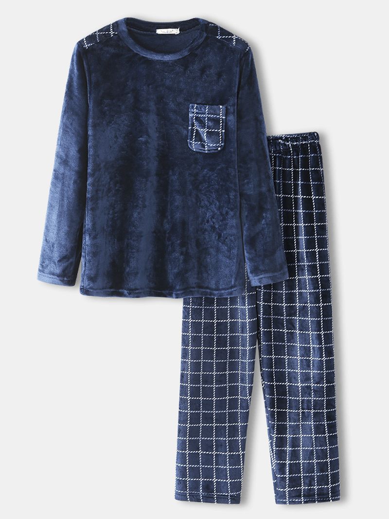 Heren Winter Flanel Plaid Ronde Hals Tops Losse Broek Dikke Home Lounge Pyjama Set