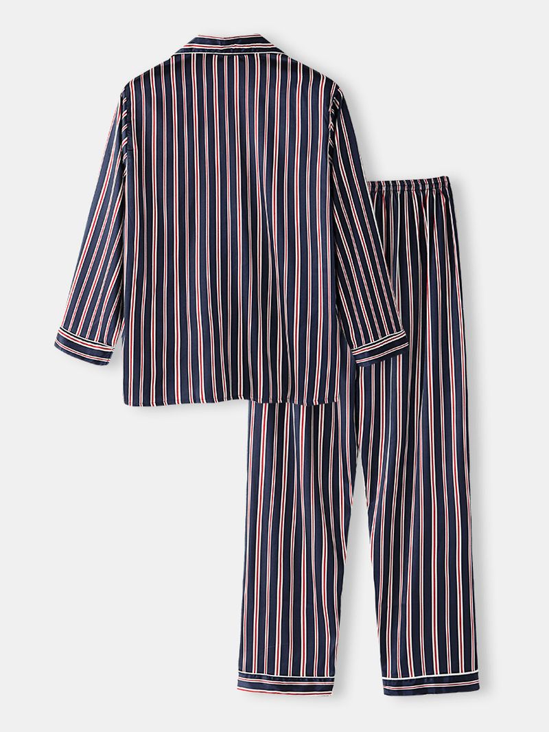 Klassieke Streep Revere Kraag Lange Mouw Elastische Taille Ice Silk Home Casual Pyjamaset