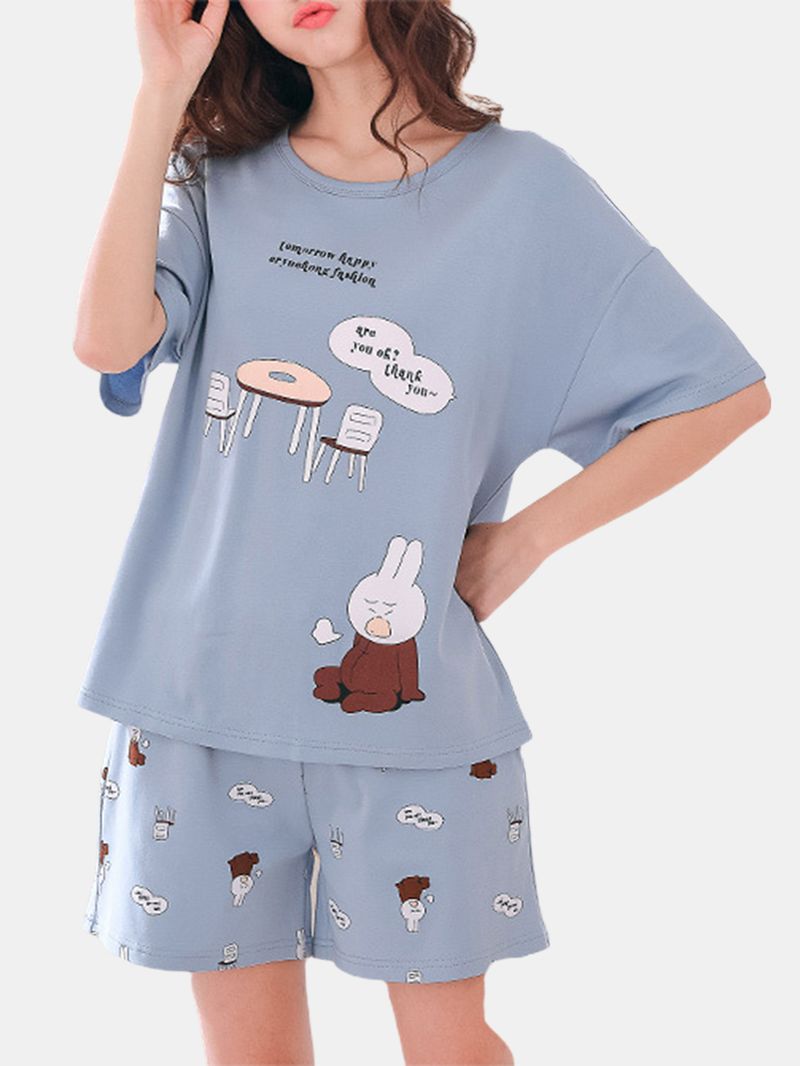 Leuke Losse Tweedelige Pyjamaset Met Korte Mouwen Met Cartoonprint Voor Dames