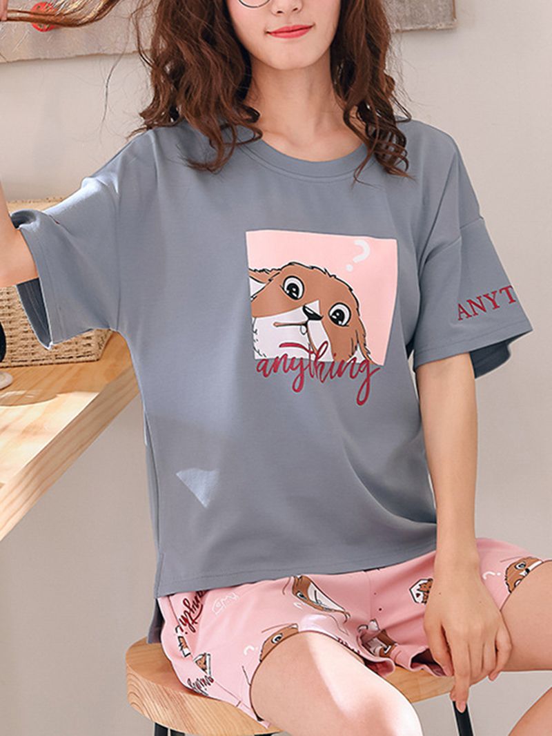 Leuke Losse Tweedelige Pyjamaset Met Korte Mouwen Met Cartoonprint Voor Dames